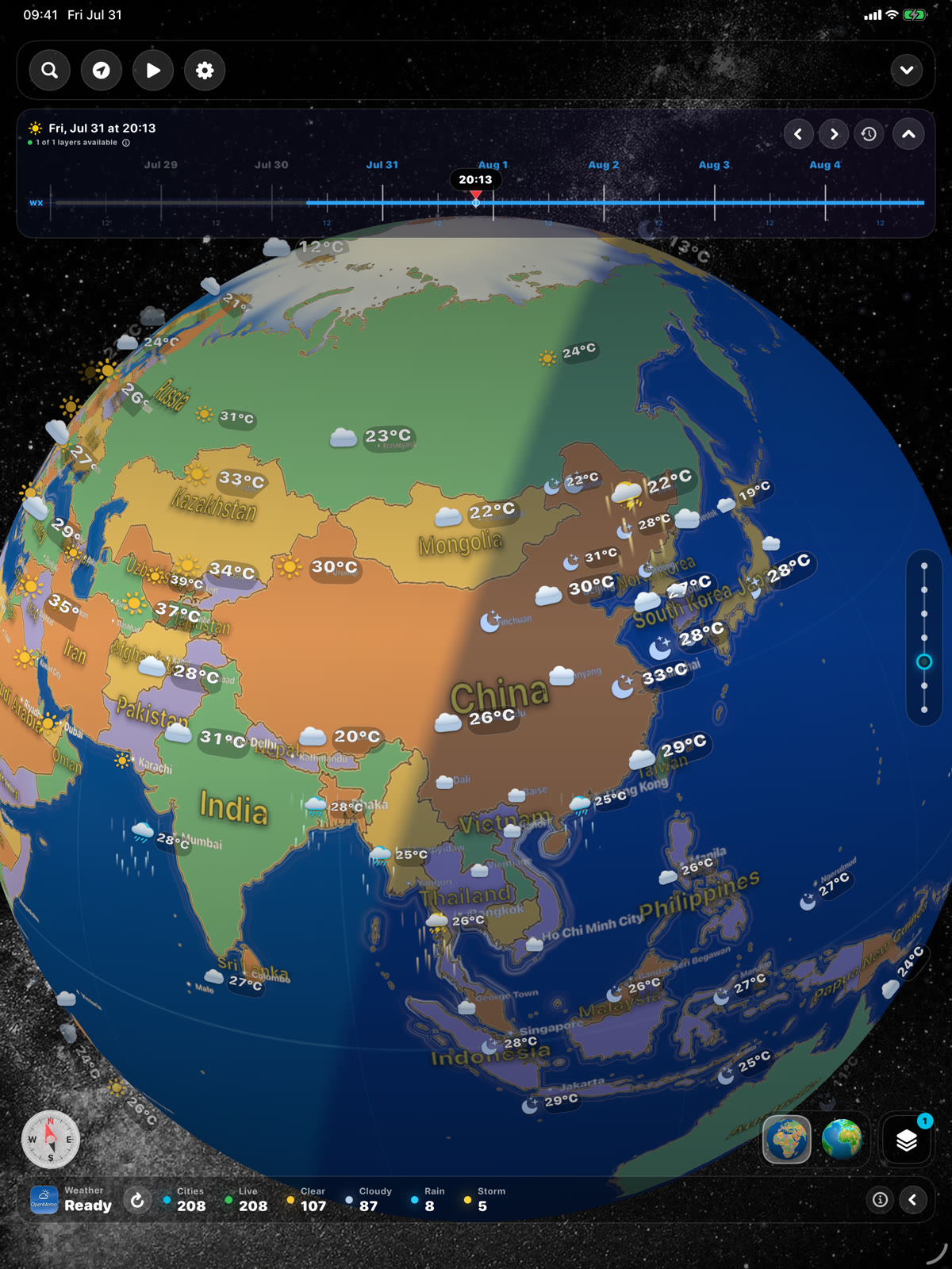 Weather information across the 3D globe