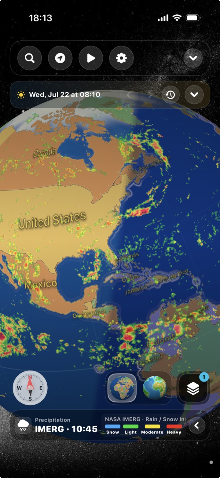 NASA IMERG precipitation intensity displayed across the Americas