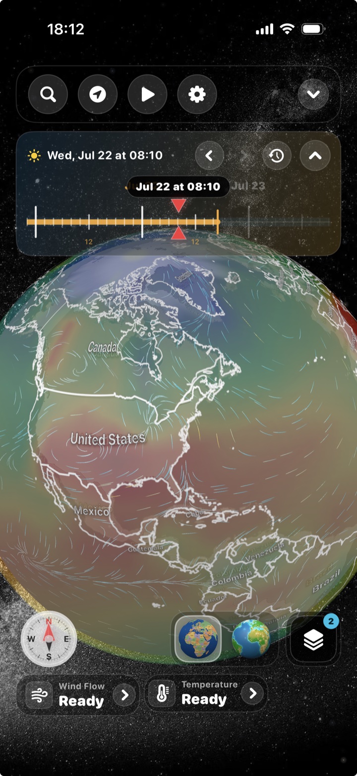 Temperature heat map and wind flow displayed over North America