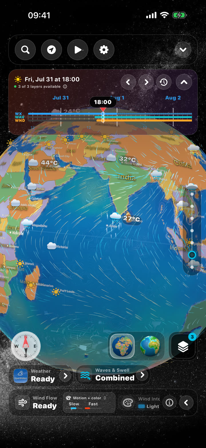 Wind flow, weather, and waves shown together with the forecast timeline