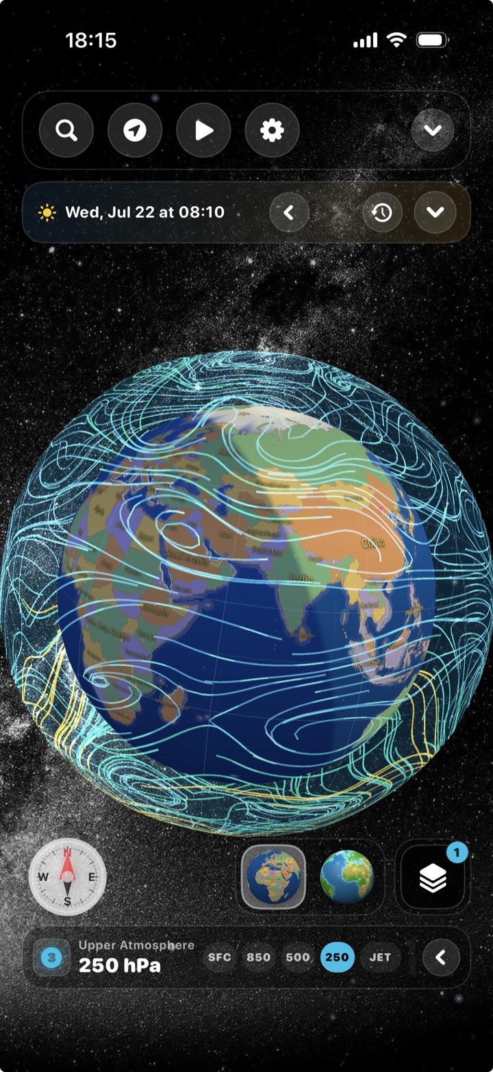 Upper-atmosphere streamlines at 250 hPa surrounding the Earth
