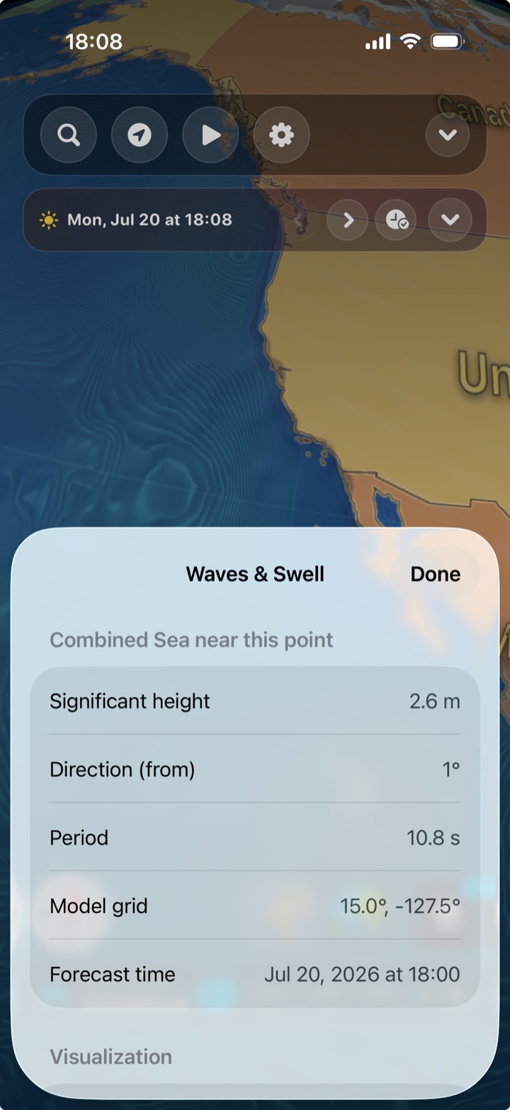 Waves and Swell point inspector showing height, direction, period, and forecast time