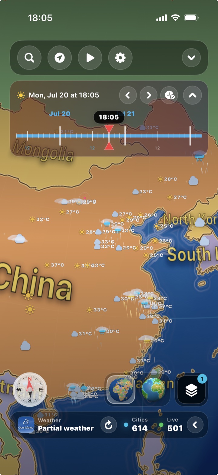 Regional weather icons and temperatures over East Asia