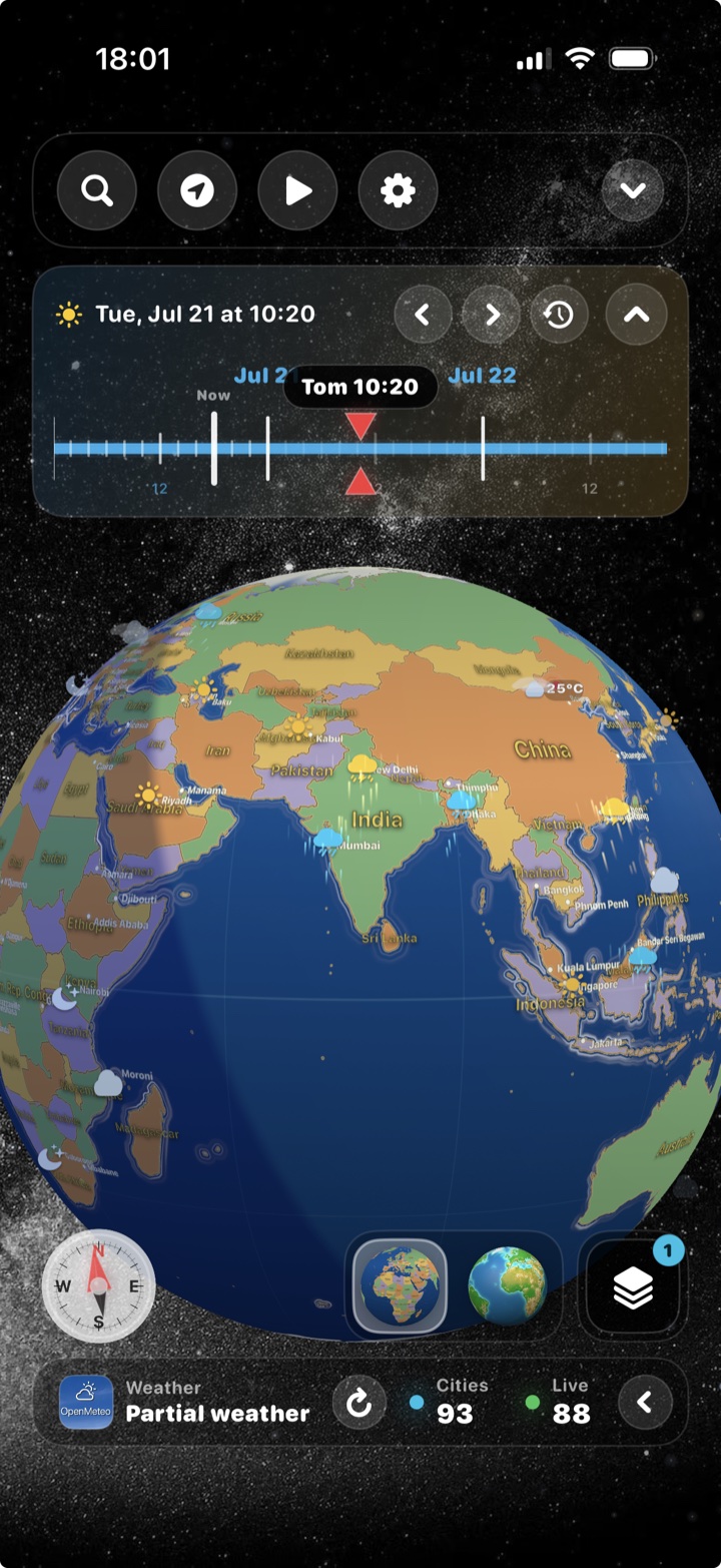 Global weather information displayed across a 3D globe