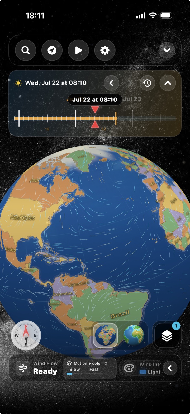 Wind-flow streamlines moving across the Atlantic Ocean